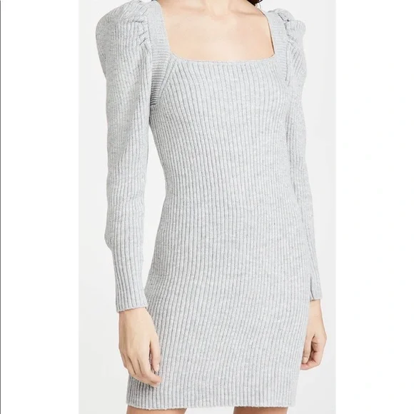 WAYF Square Neck Ribbed Knit Puff Sleeves Sweater Dress - Picture 2 of 11